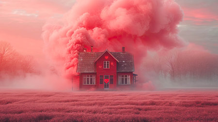 House in the middle of a field and clouds with red pink smoke coming out of the chimney.の素材
