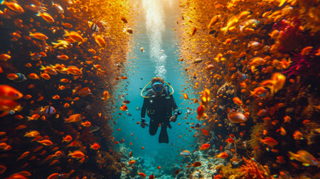 Scuba diver swims in the sea with fishes. Underwater photography.の素材
