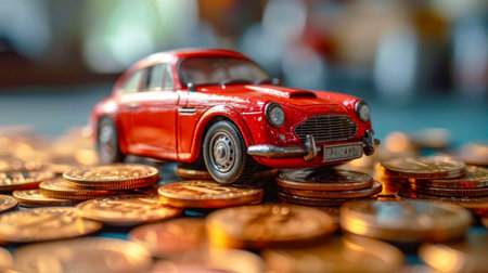 Miniature red car on a stack of coins. Business and finance concept, loan and leasing from a car dealer seller.の素材
