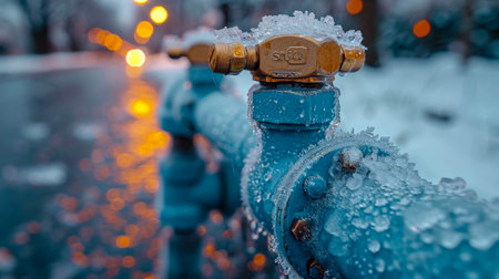Frozen faucet in winter, close-up water tap mixer on the water pipe is frozen in ice and snow.の素材