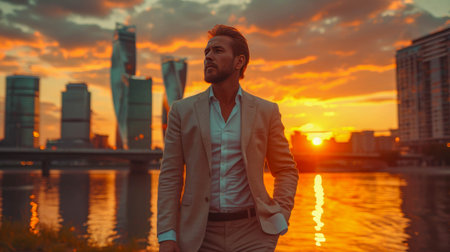 Portrait of a handsome young businessman stands against the backdrop of tall skyscraper buildings in a business district in a big city.の素材