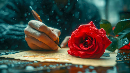 Red rose and a man's hand with a pencil writes in a notebook a love letter.の素材