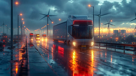 Unmanned electric truck for transporting goods and rotating power plants on the background, eco alternative energy, freight transportation concept.の素材
