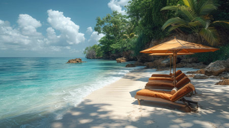 Tropical beach with sunbeds and umbrellas, sea summer resort.の素材