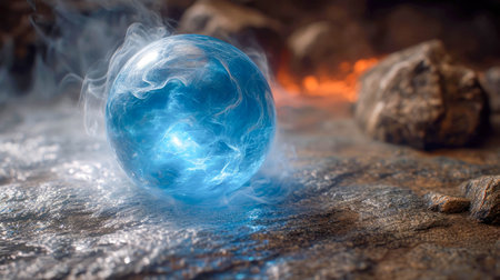 Crystal ball energy magic sphere with blue smoke on a black background.の素材