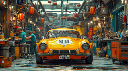 classic car in a garage with reflections, car service and repair.の素材