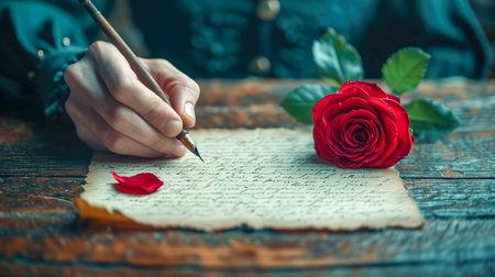 Red rose and a man's hand with a pencil writes in a notebook a love letter.の素材