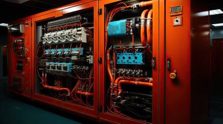 Electrical panel in the control panel of an electrical cabinet cell, low-voltage energy equipment with wires, automatic switches and terminals.の素材