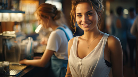 Beautiful young woman barista in apron smiling while working in cafe.の素材