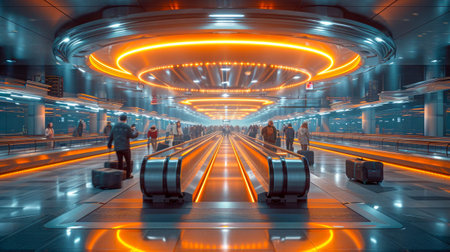 escalator in modern airport with neon lights.の素材