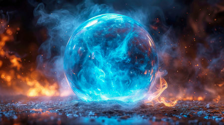 Crystal ball energy magic sphere with blue smoke on a black background.の素材