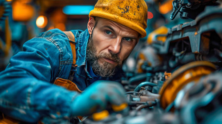Engineer working in auto repair shop. Close-up of car mechanic in helmet and glasses.の素材