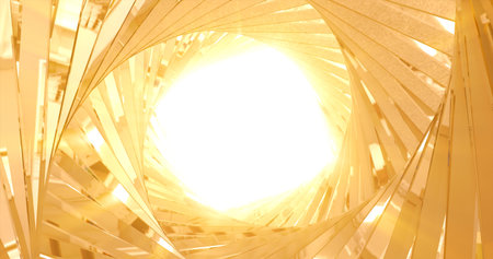 Abstract metallic shiny golden yellow polyhedral tunnel frame made of lines of hexagonal edges,...