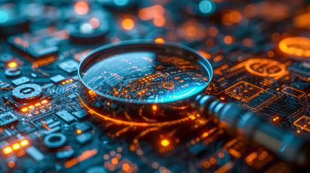 Close-up of a magnifying glass on a printed circuit board.の素材