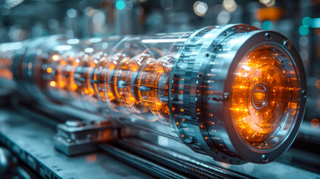 Industrial high tech transparent glowing translucent energy shell and tube heat exchangers with pipes futuristic with energy and fuel equipment in oil refinery.の素材
