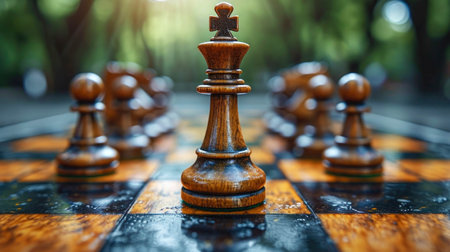 Wooden chess pieces on a chessboard, close-up.の素材