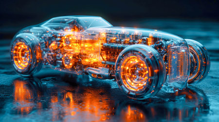 Modern high-tech transparent glowing car electric car translucent with current energy electricity.の素材