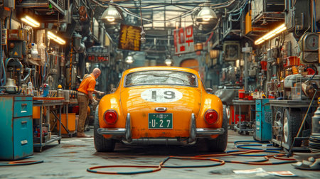 classic car in a garage with reflections, car service and repair.の素材
