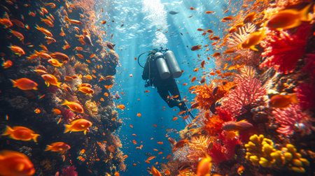 Scuba diver swims in the sea with fishes. Underwater photography.の素材