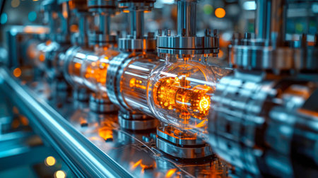 Industrial high tech transparent glowing translucent energy pipes futuristic with energy and fuel equipment in factory.の素材