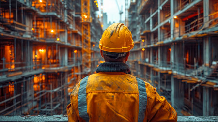 Back view of a construction worker in a hard hat and reflective jacket standing on the background of a building under construction.の素材