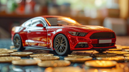 Close-up of a red sports car on a pile of gold coins.の素材