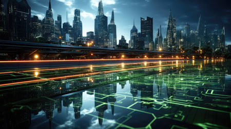 Futuristic city at night with road and lights.の素材