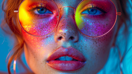 Close-up portrait of a beautiful girl with bright makeup and glasses.の素材