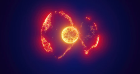 Yellow energy magic circle, sphere, ball made of futuristic waves and lines of particles of atomic...