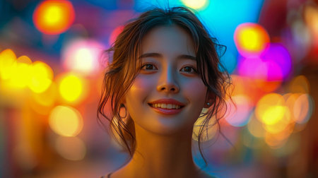 Portrait of a beautiful Asian woman with colorful bokeh background.の素材