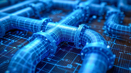 Close-up of industrial pipes and valves on blue toned background.の素材