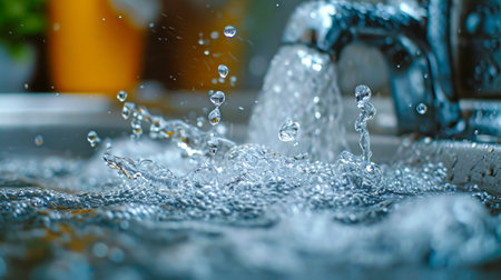 Water splash in the kitchen tap, close-up, shallow depth of field.の素材