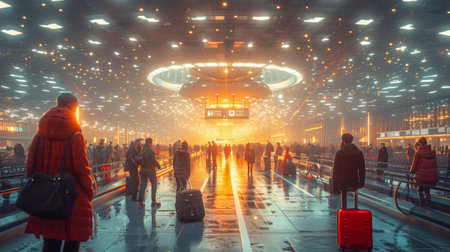 escalator in modern airport with neon lights.の素材