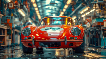 classic car in a garage with reflections, car service and repair.の素材