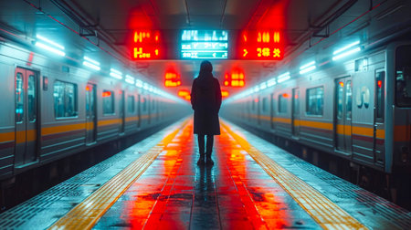 Traveler with backpack on the platform of the railway station.の素材