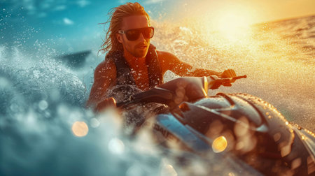 Young man riding a water bike in the sea on a sunny day.の素材