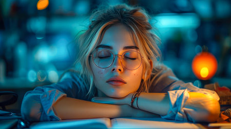 Portrait of a beautiful girl with glasses and a book in her hands.の素材