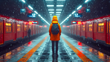 Traveler with backpack on the platform of the railway station.の素材