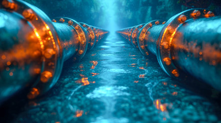 Old rusty industrial pipeline with oil or gas in deep blue water.の素材