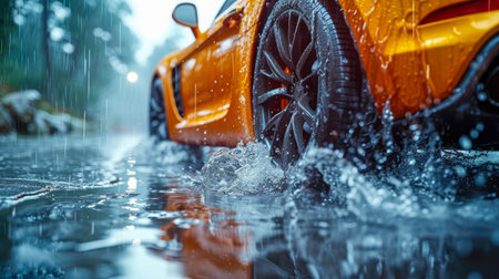 A car rides in a puddle on a rainy day. Drops of water on the asphalt.の素材