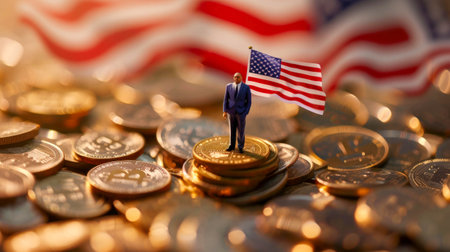 Miniature people : Businessman standing on stack of coins with USA flag background.の素材