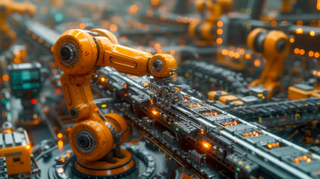 Industrial robot arms working in factory production line. Concept of artificial intelligence for industrial revolution and automation manufacturing process.の素材