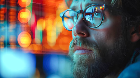Portrait of a man with a beard on the background of the stock exchange.の素材