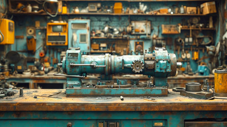 Industrial screw-cutting lathe at a factory. Metalworking industry.の素材