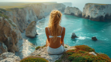 Beautiful woman in orange swimsuit sitting on cliff and looking at azure sea.の素材