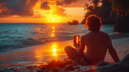 Young man sitting on a beach by the sea and enjoying the sunset.の素材