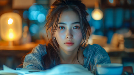 young Asian woman reading a book at night in the living room,の素材