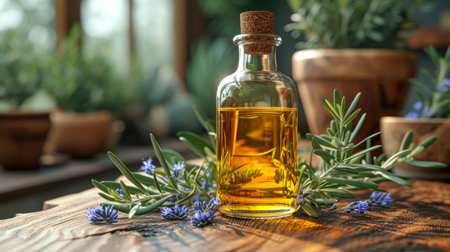Olive oil in a glass bottle with berries and leaves on a wooden table.の素材