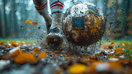Soccer player in action kicking the ball with splashes of water.の素材