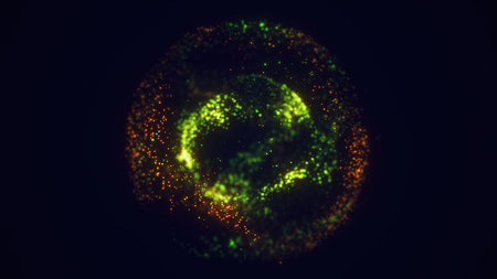 Green energy magic circle, sphere, ball made of futuristic energy particles, force field made of...